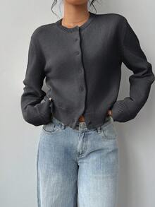 SHEIN BASICS 女款休閒純色圓領長袖寬鬆短版開襟衫，秋冬季 - 深灰色 - 查看 4