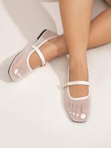 CUCCOO CURVES Giày bệt mũi vuông bóng thiết kế tối giản, trang trí cỡ lớn dành cho nữ, phù hợp với bàn chân rộng - trắng - Xem 4