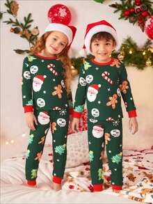 SHEIN 2 sztuki/zestaw chłopięcy zielony piernikowy ludzik świąteczny kolor miękki polar o wysokiej elastyczności długi rękaw top i spodnie dopasowany zestaw domowy