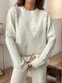 EURMUSE Eleganter Rundhalspullover mit meliertem Ausschnitt, Perlen und einfarbiger Strickhose mit weitem Bein und niedriger Taille, 2-teiliges Set für den Winter, Drop-Shoulder