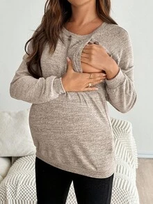 SHEIN Áo cho con bú tay dài dáng rộng thoải mái - Màu be - Xem 7