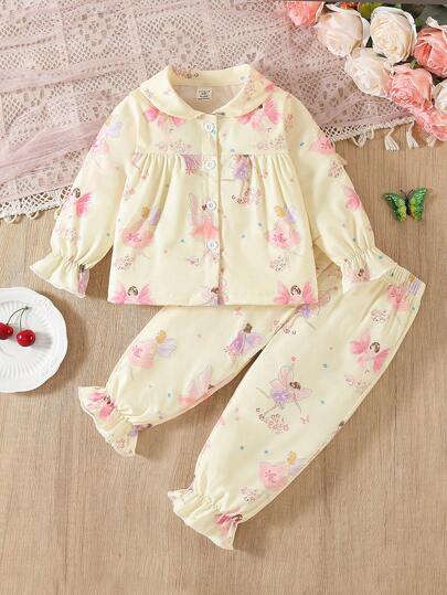 SHEIN Vintaside Kids 女婴卡通印花纽扣长袖T恤和裤子套装