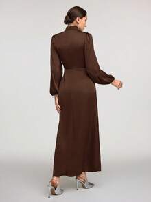 Veilorie Women Solid Color Stand Collar Ruffle Hem Long Sleeve Casual Dress Modest - Coffee Brown - View 3