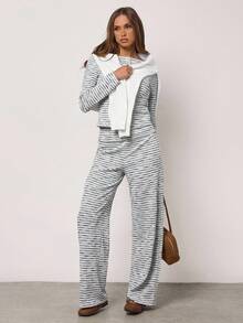 SHEIN BAE Autumn Casual Lounge Wide-Leg Pants For Women,Black And White Checkered Striped Apricot Pants,Winter Turn-Up Hem Christmas Thanksgiving Chic Clothes - White - View 4