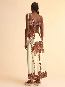 CAJUNI Women Boho Banana Tree And Pineapple Print, Hollow Waist Back Binding Sleeveless Pink Dress, Holiday Casual Summer Dress