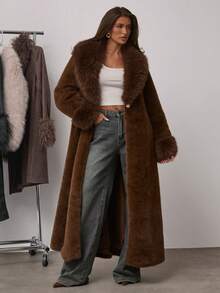 SHEIN BAE Women's Solid Color Shawl Collar Long Sleeve Pocket Belt Design Long Faux Fur Fashion Jacket Brown Outfits For Women Luxury Clothes For Women Brown Clothes Women Winter Clothes - Mocha Brown - View 7