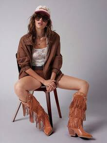 Solezae Ladies Studded Fringe Western Heeled Knee-High Boots - Brown - View 4