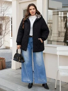 SHEIN LUNE Áo khoác mùa đông thời trang cỡ lớn bằng cotton có mũ trùm đầu dành cho nữ mặc vào mùa thu đông, Áo khoác dài thường ngày có mũ trùm đầu có khóa kéo, Mùa đông, Áo khoác chần bông lót họa tiết da báo tương phản, Áo khoác mùa đông chống lạnh và ấm áp, Mùa thu nữ, Áo khoác mùa đông nữ kiểu cũ, Áo khoác giữ nhiệt mùa đông cho nữ ngày lễ tạ ơn mùa thu đông ấm áp có cổ lông và mũ trùm đầu - màu đen - Xem 4