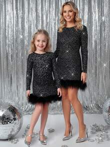 Young Girl Elegant & Cute Black Velvet Silver Dot Long Sleeve Dress Mommy&Me Matching Christmas Dress