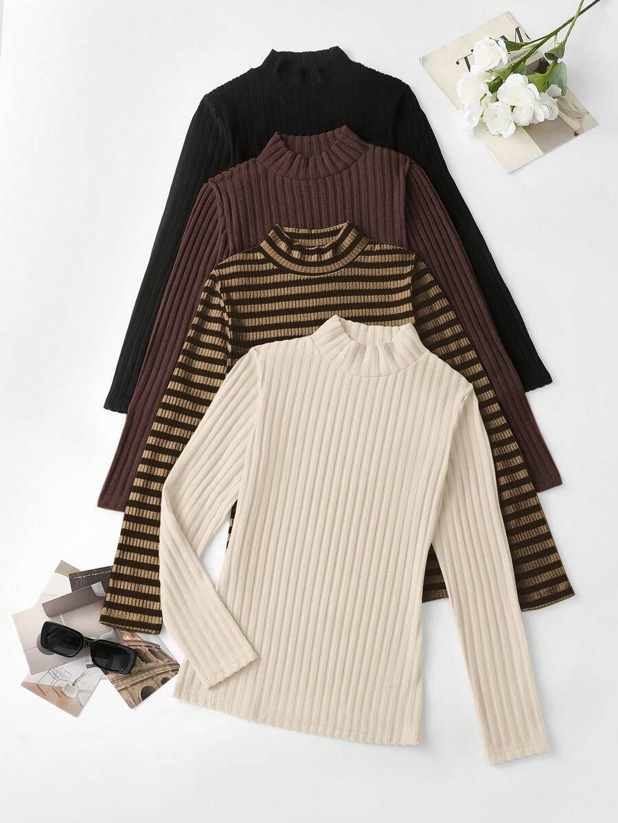 EMERY ROSE 4pcs Women's Early Winter Textured Raised Collar Long Sleeve T-Shirts Set For Spring - Multicolor - View 1