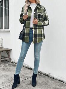 EMERY ROSE Women's Plaid Single-Breasted Casual Fleece Jacket, Autumn/Winter - Army Green - View 3