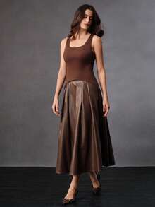 Anewsta Women's Elegant Vintage Elastic Knit Spaghetti Strap Flared Dress, Brown Coffee Color, Suitable For Winter, Christmas, New Year Party - Coffee - View 7
