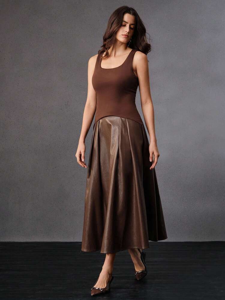 Women's Elegant Vintage Elastic Knit Spaghetti Strap Flared Dress, Brown Coffee Color, Suitable For Winter, Christmas, New Year Party