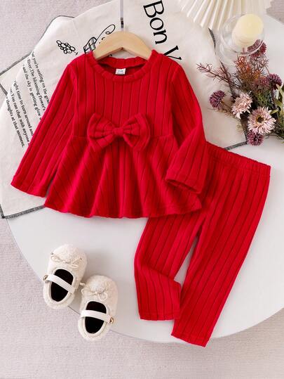 Elladie kids 2 件套女婴针织罗纹长袖收腰长 T 恤和裤子套装，秋季休闲日常装