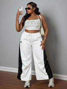 SHEIN PETITE CURVE Plus Size Women's Summer Concert Streetwear Going Out Color-Blocked Parachute Pants