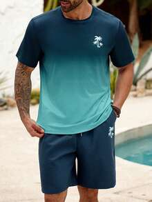 ResortEase 大码男式渐变植物印花短袖 T 恤和口袋休闲短裤两件套，度假舒适服装