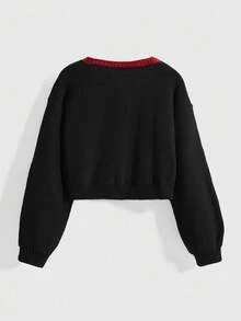 ROMWE Gothic Mysterious Witch Style Sun, Moon, Star, Heart, Eye Embroidery Contrast Color Plus Size Women Cardigan Sweater - Black - View 3