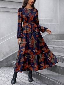 SHEIN LUNE V 领枫叶领荷叶边喇叭袖多层下摆 A 字形复古碎花休闲通勤优雅长裙，适合女士，秋冬 - 彩色 - 查看 3