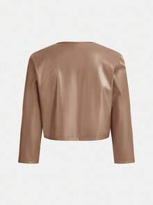 SHEIN Essnce 女士纯色褶皱仿皮夹克，秋季通勤时尚之选 - 卡其色 - 查看 2