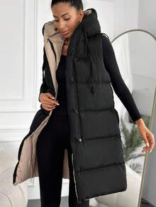 EURMUSE Women's Fashionable Versatile Sleeveless Hooded Jacket, Winter - Black - View 4