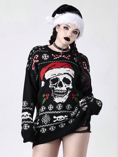 Goth Pull ample style gothique avec chapeau de Père Noël crâne