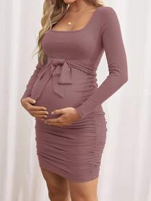 SHEIN 孕妇纯色方领长袖褶饰腰部修身中长连衣裙 - 粉色 - 查看 2