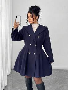 Elenzga 大码女式休闲连帽双排扣A字长袖外套，适合毕业典礼、节日、情人节、圣诞节、音乐节、母亲节、万圣节、感恩节、复活节、国庆节、舞会、约会、派对、婚礼、户外活动、秋冬季穿着。 - 藏蓝色 - 查看 6