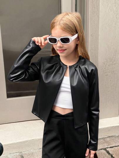SHEIN Serisse Kids Tween Girl Casual Everyday Versatile Solid Color  Black Short PU Leather Jacket For Girls With Round Neck And Long Puff Sleeves Jacket For Teen Girl, Back To School Festival, Halloween, Christmas, New Year, Christmas Gift Great For Casual & Daily Wear & School Daily In Autumn & Winter Fall Suitable For Autumn/Winter Daily Wear,Street Style, Home