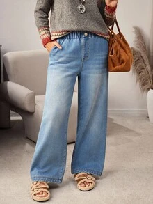 EMERY ROSE Women's Elastic Waist Pockets Wide Leg Loose Casual Jeans - Blue - View 11