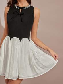 Enchnt Women's Elegant Black And White Splicing Sleeveless Mini Dress,Summer Colorblock Sequin Decor Party Dress,Chic For Date&&Commute - Black - View 5