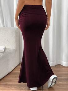 SHEIN PETITE 性感百搭修身褶裥侧鱼尾下摆弹力针织半身裙，适合秋冬季节穿着，女士长裙 - 中紫紅色 - 查看 2