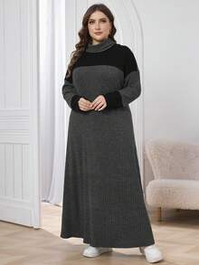 Lacomfia Đầm Maxi Dài Tay Cổ Cao Xòe Phối Màu Tương Phản Cho Nữ Size Lớn, Dáng Rộng, Mùa Thu, Thường Ngày, Áo Thun, Mặc Hàng Ngày - Xám - Xem 4