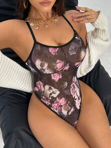 Body de mujer sexy con estampado floral de malla - Negro - Ver 4