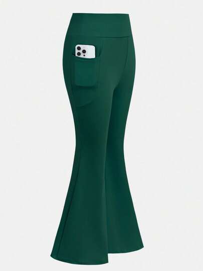 SHEIN Girlism Teen Girls High Waist Snug Fit High Stretch Green Sports Yoga Casual Versatile Pocket Flare Pants