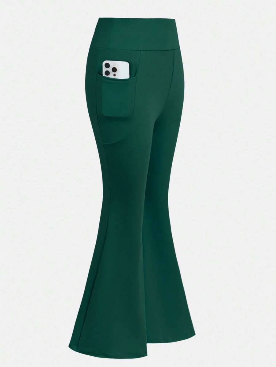 SHEIN Girlism Teen Girls High Waist Snug Fit High Stretch Green Sports Yoga Casual Versatile Pocket Flare Pants - Dark Green - View 1