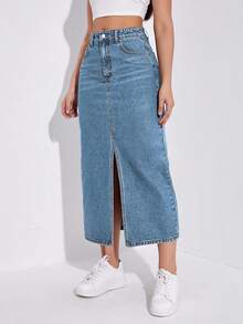 EURMUSE 女式高腰口袋开衩长款直筒休闲牛仔超长裙 - 淺藍色 - 查看 7