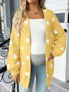 SHEIN Pregnant Women's Heart Pattern Batwing Sleeve Pocket Casual Knit Cardigan, Autumn/Winter