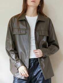 Aveloria Modichic Chaqueta camisa de cuero PU de alta gama vintage, chaqueta camisa de cuero de estilo callejero - Verde militar - Ver 4
