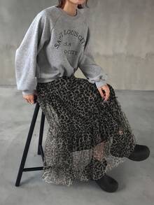FRIFUL 女士弹力腰带透视豹纹褶裥下摆休闲百搭半身裙，秋季 - 彩色 - 查看 2