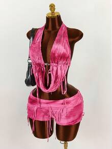 Amplova 深垂领露背短款上衣和破洞迷你短裤两件套 - 玫紅色 - 查看 1