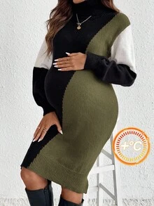 SHEIN Umstandsmode Lässig Farbblock Patchwork Rollkragen Strickkleid, Herbst/Winter