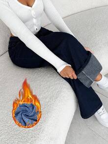 SHEIN Tall 女士口袋宽松阔腿休闲百搭牛仔裤，高个女款，秋冬季保暖内衬蓝色牛仔裤 - 藍色 - 查看 1