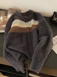 SHEIN 女士圆领前开条纹长袖宽松针织毛衣 TL-68 - 彩色 - 查看 1