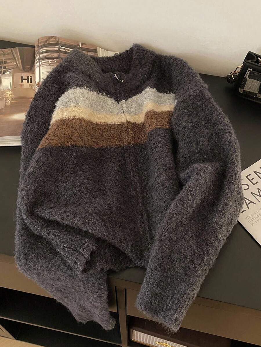 SHEIN 女士圆领前开条纹长袖宽松针织毛衣 TL-68 - 彩色 - 查看 1