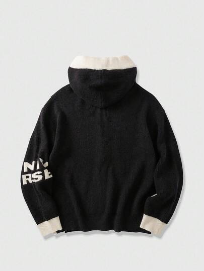 Street Life Men's Letter Pattern Contrast Color Zip-Up Hooded Cardigan, Autumn/Winter