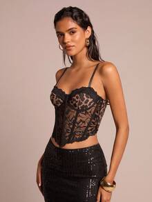SHEIN Glamour 性感豹纹撞色蕾丝钢圈鱼骨花吊带背心女 - 彩色 - 查看 4