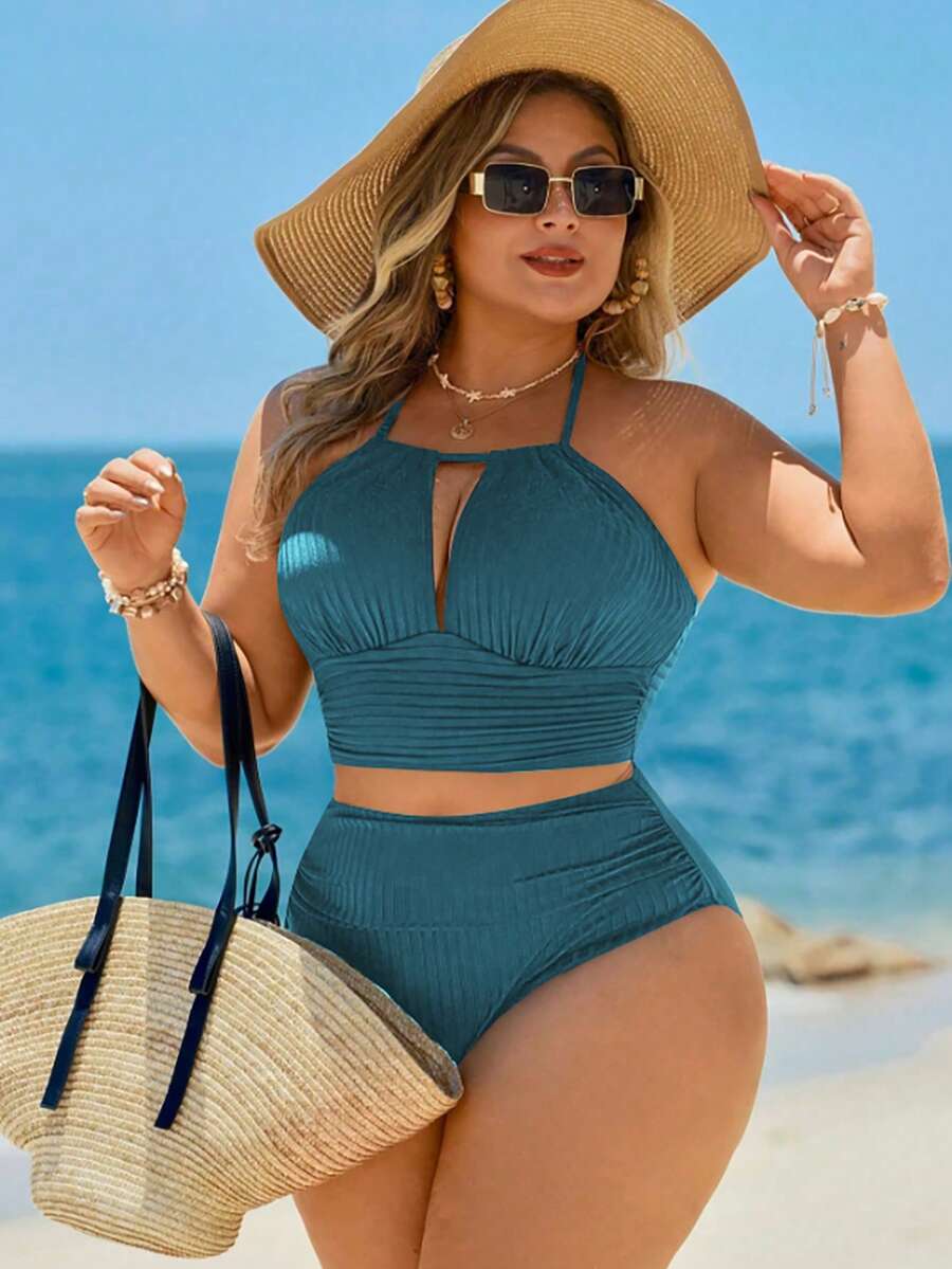 Swim Lushoire Plus Size Women Conservative Striped Textured Fabric Swimwear Set - Teal Blue - View 1