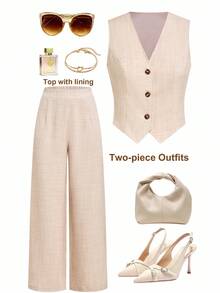 Ellevyn Damen eleganter Büroanzug Weste & Hose 2-teiliges Set, hochwertige Business Formalbekleidung mit Futter, vielseitig einsetzbar im Herbst/Winter - Khaki - Übersicht 2