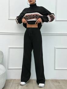 SHEIN Tall Women's Geometric Pattern High Neck Sweater 2pcs/Set, Tall Women - Dark Grey - View 5
