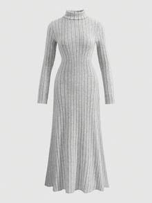 少女休闲罗纹高领长裙，百搭秋冬装 - 灰色 - 查看 6